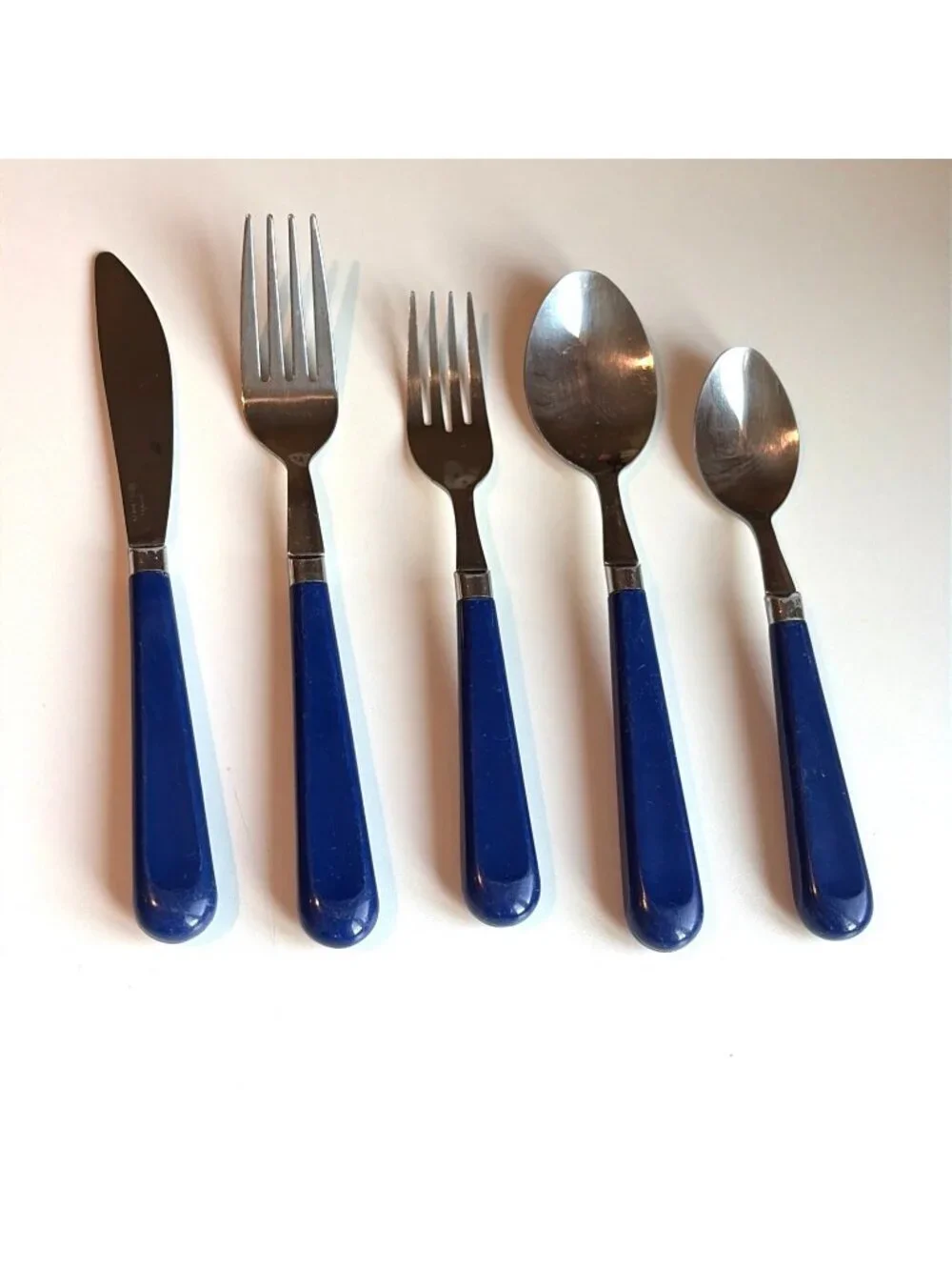 Vtg 1970s Imperial Stainless Flatware Royal Blue Plastic Handles Service for 7